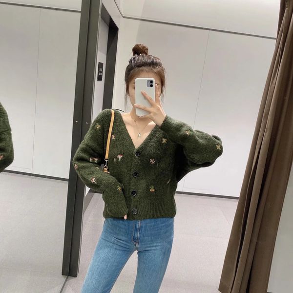 

vintage knitted embroidery cardigan women v neck loose sweater batwing long sleeve outerwear autumn winter, White;black