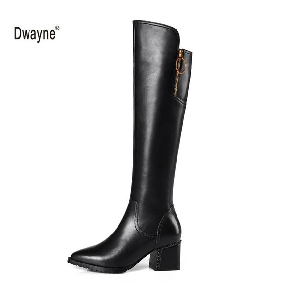 

boots knee high women 2021 autumn winter zipper pointed toe heel punk casual genuine leather female shoes eu34-42, Black