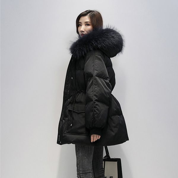 

2021 grand royal of skin new women winter coat with rough hood down parka 90% from white to low snow jacket outwear 98xe, Black