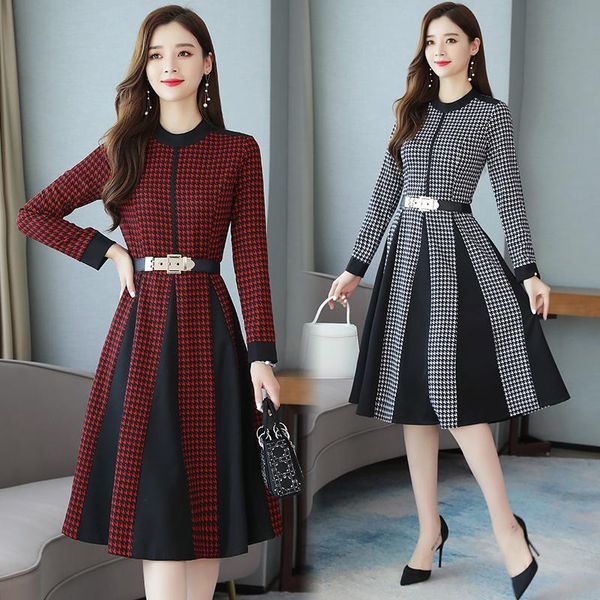 

casual dresses high-quality autumn winter women dress elegant long-sleeved patchwork plaid fashion office ladie work midi, Black;gray
