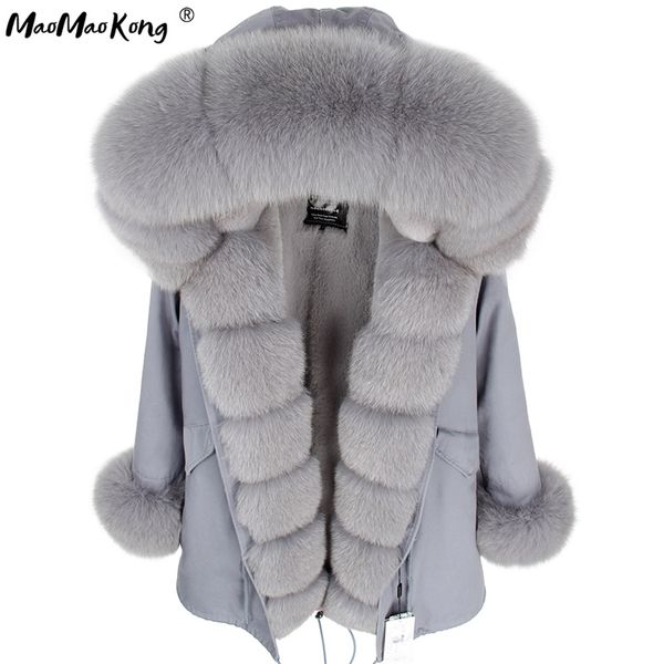 maomaokong inverno donna grigio naturale vera pelliccia di volpe giacca con cappuccio spesso caldo moda vera pelliccia cappotto lungo parka nero impermeabile 201217