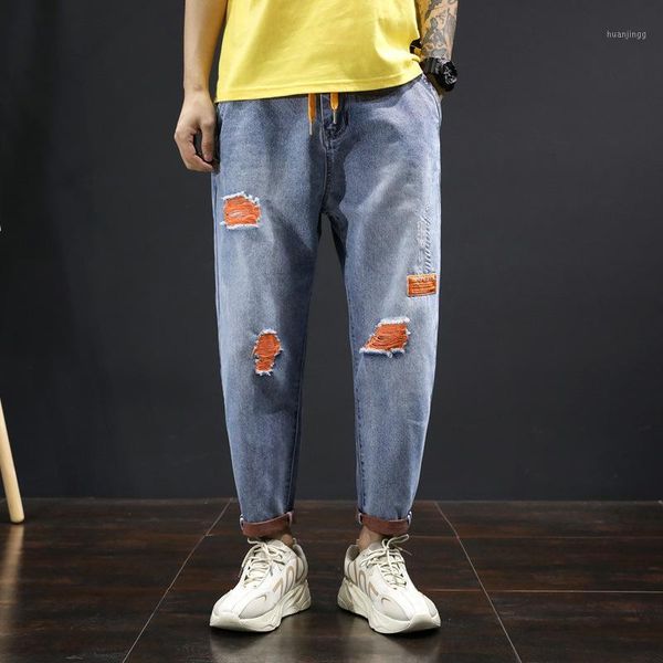 

men's streetwear fashion hole ripped jeans straight retro blue korean style designer harem pants streetwear hip hopjeans men1
