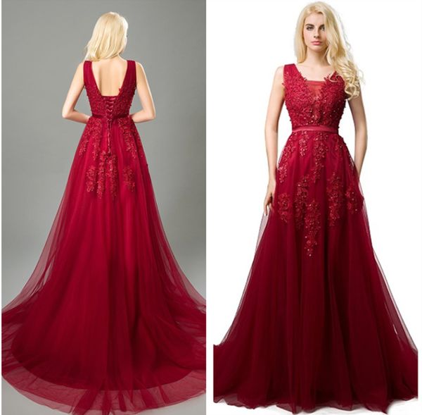 Sexy Wine Red Long Renda Vestidos de Prom 2021 Uma Linha Ilusão Aplicada Pérolas Frisadas Tule Tule Vestidos de Noite Formal Voltar Lace-Up Plus Size Party