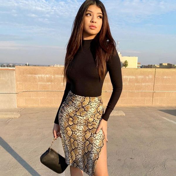 

women high waist snake print skirt ladies casual pencil skirt bodycon club wear split midi, Black