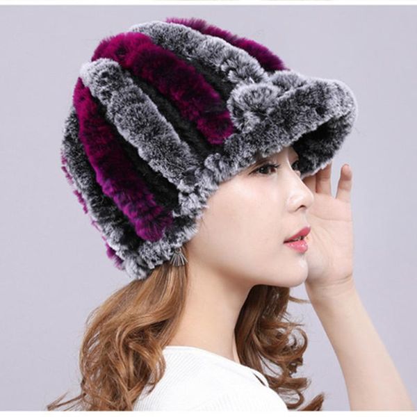 

autumn winter hats of real rex fur beanies elastic knitted warm cap z6, Blue;gray