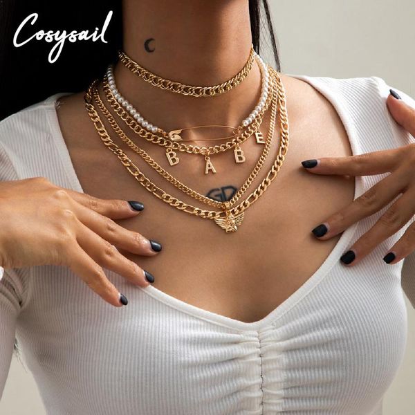 

chokers cosysail 5pcs/set babe letter angel pendant multilayer necklace paper clip pearl choker set hip hop creative jewelry, Golden;silver