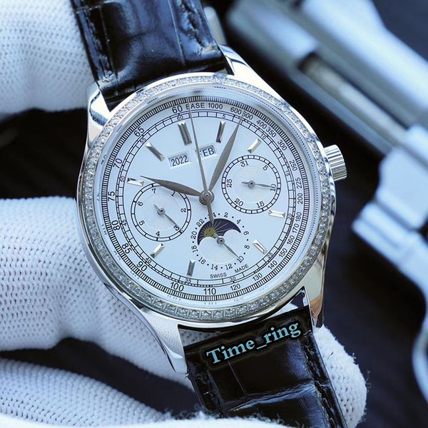 

version 5971p moon phase dial silver diamond bezel 29-535 automatic mechanical movement mens watch black leather strap designer watches, Slivery;brown