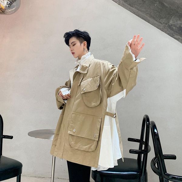 

mens wear multi pocket work jacket loose color block patchwork personalized oversize vintage coat for male, Black;brown