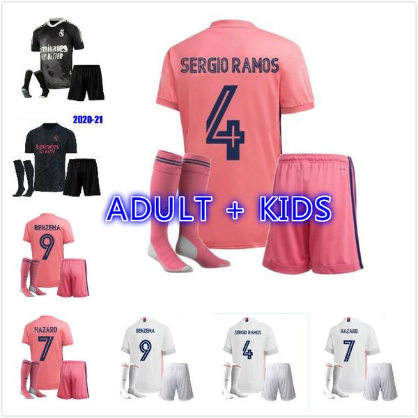

kids kit 20 21 real madrid soccer jerseys 2020 2021 hazard benzema modric isco asensio camiseta de futbol football shirts kit+socks, Black;yellow