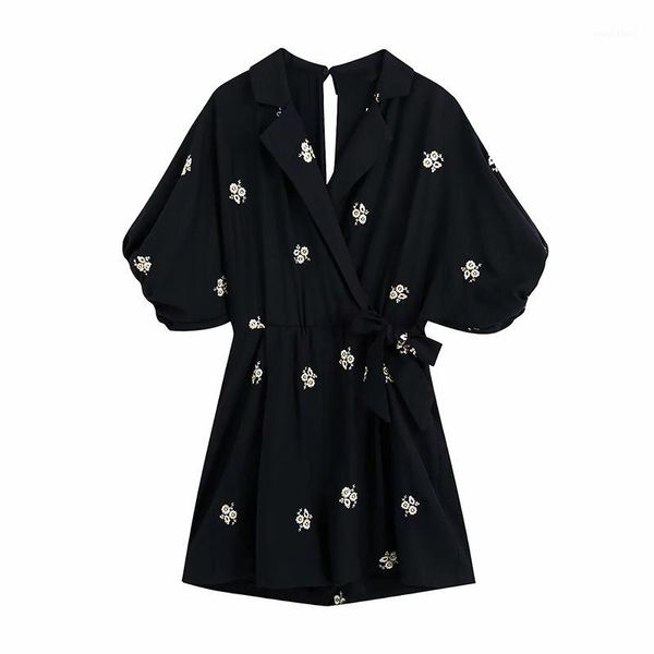 

vintage women floral embroidery playsuits 2020 summer fashion ladies elegant boho rompers female cotton linen playsuit girls1, Black;white