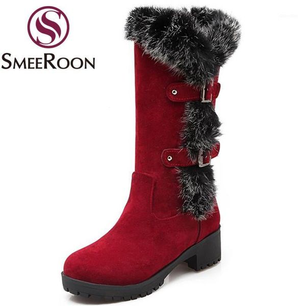 

smeeroon mid calf boots round toe keep warm comfortable buckles winter boots med thick heels flock women's shoes platform1, Black