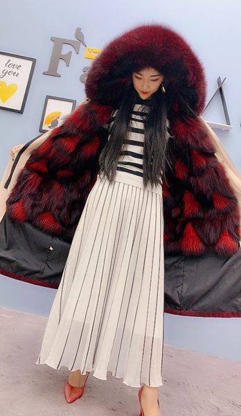 

female women parka rex rabbit detachable lining jacket embroidered racccoon fox skin collar with hooded coat afz3, Black