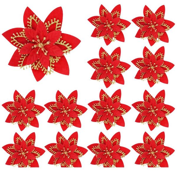 

10 pcs christmas glitter poinsettia flowers decorative artificial flowers for christmas tree ornaments 13cm faux sil jllaee