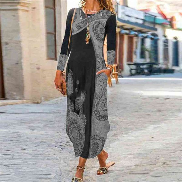 

fashion o-neck long sleeve maxi dress for women autumn lady pattern print party dresses casual loose long dress vestidos, Black;gray
