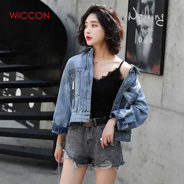 

female denim jacket 2020 spring and autumn new slim women's short denim jacket tide turn-sown collar long sleeve causal, Black;brown