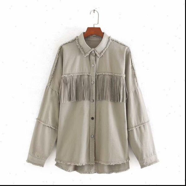 

2021 new women vintage retro long sleeve tassel decoration kimono denim jacket ladies sequined outwear business burr coat ct389, Black;brown