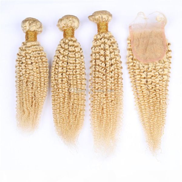 

kinky curly #613 blonde virgin brazilian human hair 3bundles with closure 4pcs lot bleach blonde virgin remy human, Black;brown