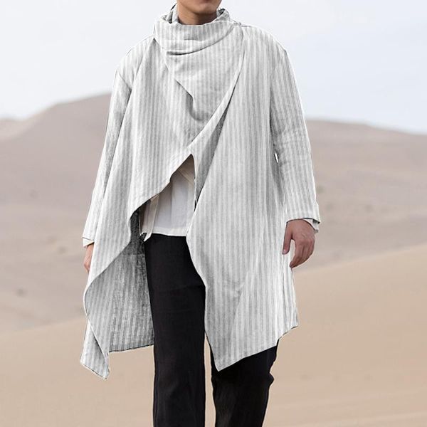 

men striped coats scarf collar long sleeve trench 2020 cotton vintage poncho streetwear casual mens irregular outerwear incerun, Tan;black