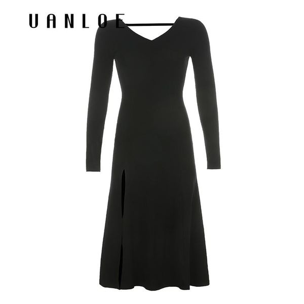 

uanloeblack elegant party club dress skinny autumn long sleeve high split long dresses women's vintage streetwear clothes, Black;gray
