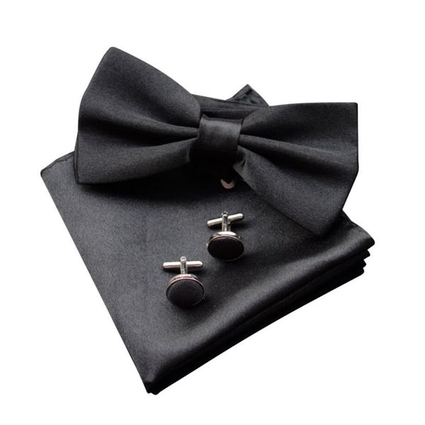 

men bow tie handkerchief cuff link white butterfly dress shirt collar button bowtie hanky cufflink clasp satin bowknot 2sets/lot, Black;blue