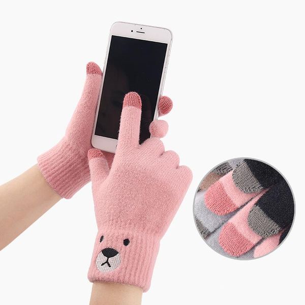 

winter warm touch screen gloves women cute bear pattern mittens embroidery plus velvet thick finger knitted gloves, Blue;gray