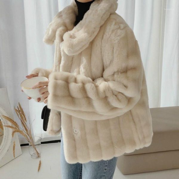 

2021 new autumn winter women long sleeve casual outerwear female turn-down collar loose faux fur coats ladies solid jackets b1451, Black