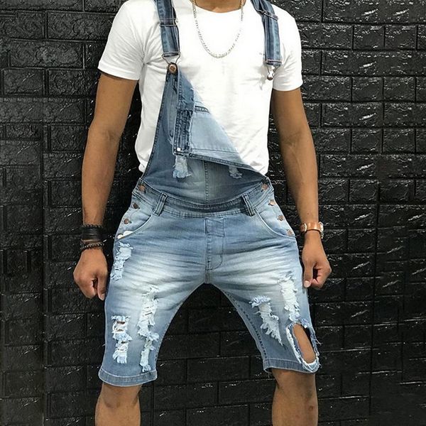 

summer new men's distressed denim carpenter overalls bib jumpsuits moto biker jean long harajuku rompers streetwear plus size, Blue