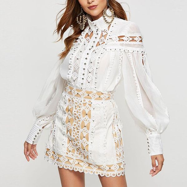 

2020 summer new fashion beading patchwork women blouse stand collar lantern sleeve hollow out shirt female1, White