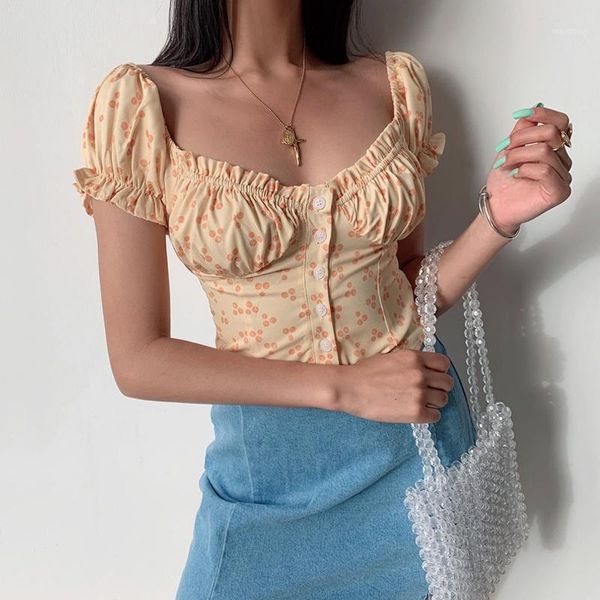 

women dot print puff sleeve sweetheart sweetheart neck button placket crop in yellow1, White