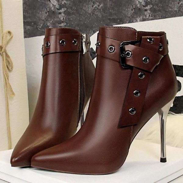 

boots women pu leather ankle ladies zip buckle strap thin high heels shoes woman fashion party winter female1, Black
