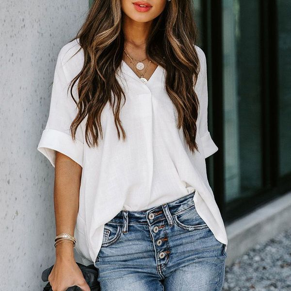 

ins shiying chiffon shirt womens summer european and american new solid color back fastener decoration short sleeve shirt womens 255459sale, White