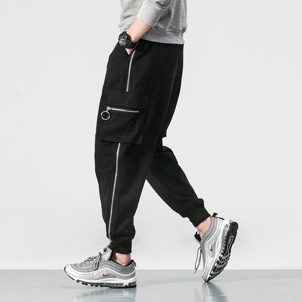 

nieuwe streetwear fashion casual rits safari stijl mannen joggers broek side-zakken katoen mannelijke harem broek zwart, Black