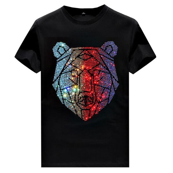 

summer mens short sleeve shirts drill rhinestone t-shirt crew neck pullover hip hop slim fit cotton blend, White;black