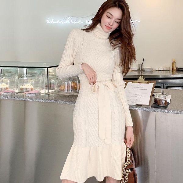 

casual dresses winter knitted sweater dress one piece korea ladies long sleeve trutleneck party warm for women clothing, Black;gray