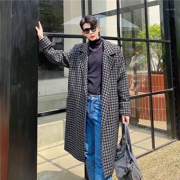 

male women vintage plaid wool jacket cardigan overcoat men autumn winter loose casual houndstooth 3/4 long woolen trench coat1, Black