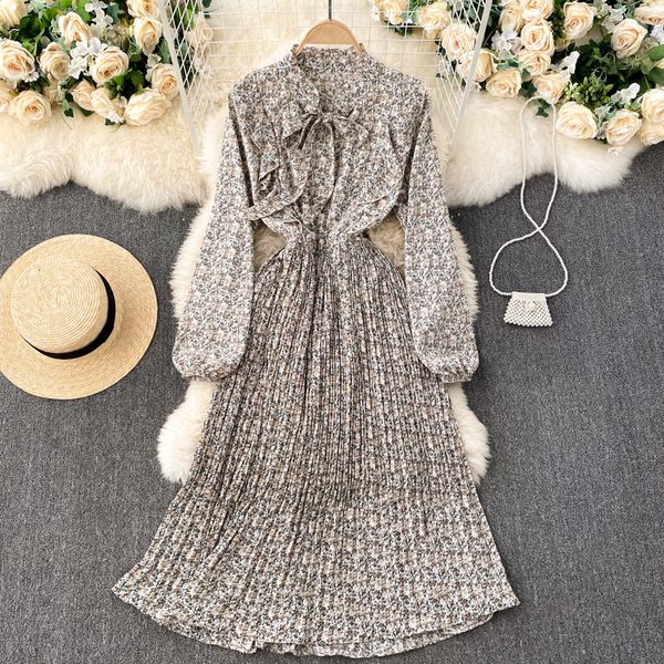 

2021 new singiny female vintage print spring fall cord neck the line puff dress aeqt, Black;gray