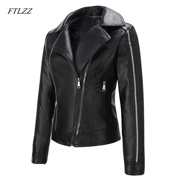 

ftlzz new women punk style rivet zipper short faux leather jacket streetwear moto biker turn down collar female pu coat outwear 201030, Black