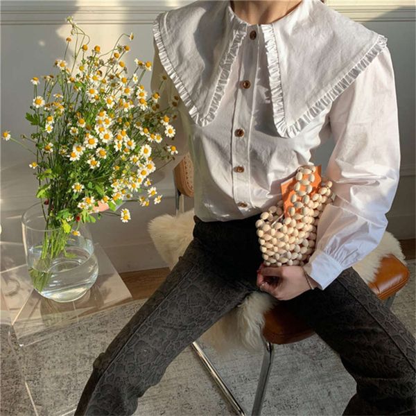 

lapel art big petal collar ruffle bubble sleeve shirt backing, White