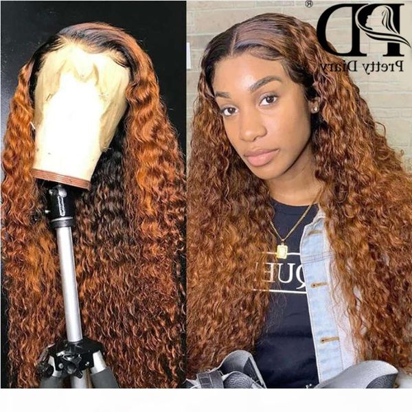 

ombre ginger color water curly remy lace front human hair wigs highlight deep wave brown 1b 30 frontal wig black women, Black;brown