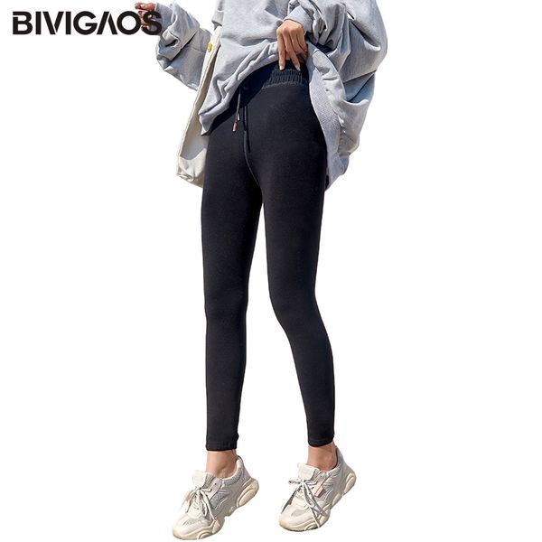

bivigaos autumn winter new seamless high elastic cotton velvet leggings slim warm leggings drawstring sports leggings women lj201104, Black