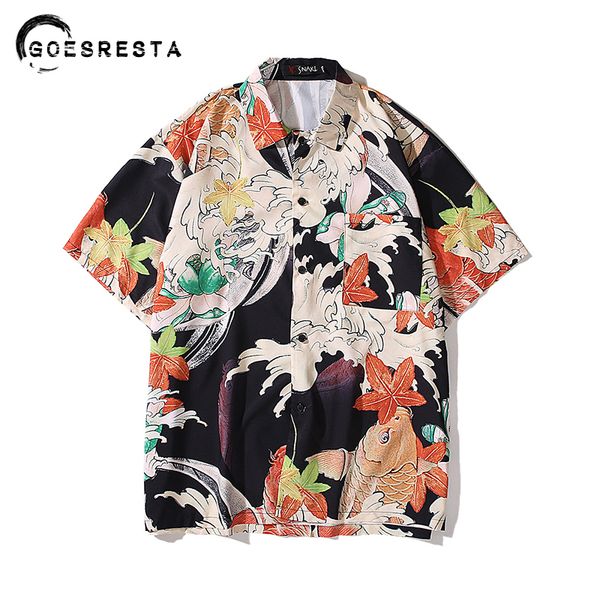 

fashion casual retro shirts men summer hip hop brocade carp print men's short sleeve shirts streetwear harajuku couple clothing c1211, White;black