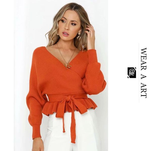 

womens low-back v-neck sweater thin sweaters woman fashion casual autumn and winter warm jacket lacing design ruffled clothing, White;black