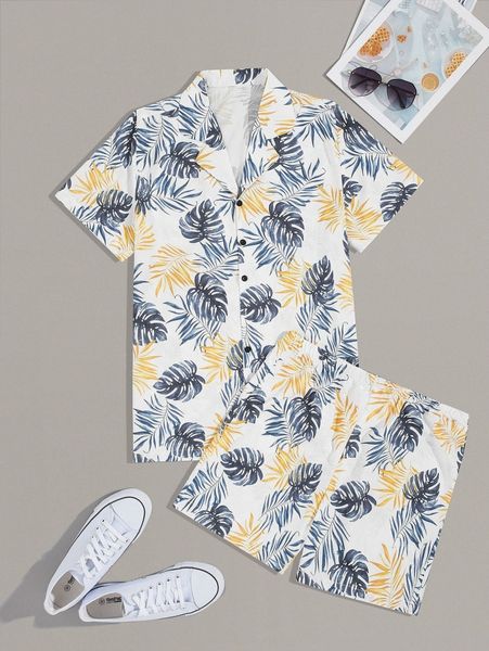 

men tropical print shirt & shorts b9j5#, Gray