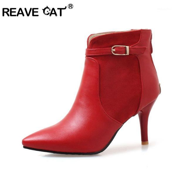 

boots reave cat fashion autumn spring pu leather women ankle thin heel zip pointed toe short solid nude b820a1, Black