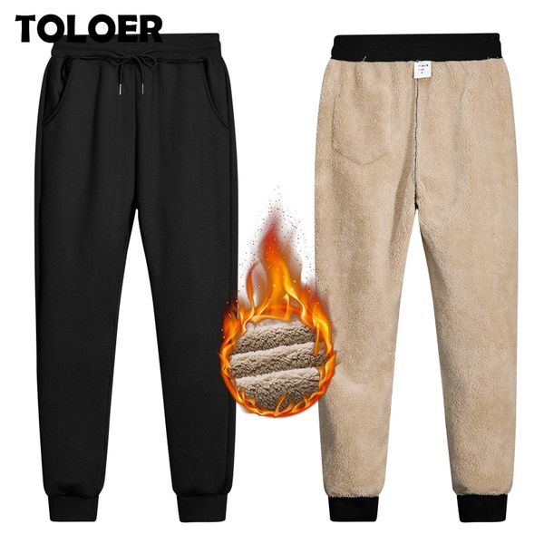 

s-7xl thicken sweatpants winter men's plus velvet padded trousers slim large size warm pants solid fleece sports joggers pants 201114, Black
