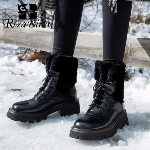 

rizabina women real leather shoes half short boots winter warm plush fur boots women fashion lace up footwear size 34-391, Black