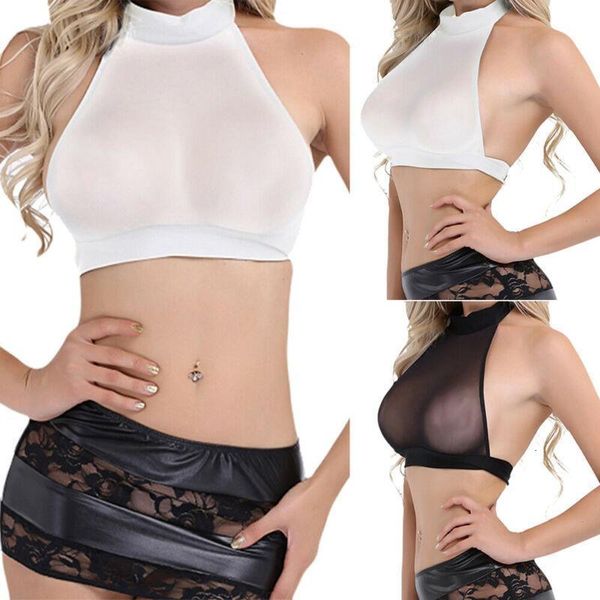 

women female clubwear backless sheer mesh solid halter neck cami bra slim fit transparent see through vest tank crop, White