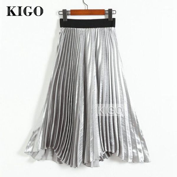 

kigo fashion women high waist silver metallic skirt elegant knee-length midi skirt vintage metallic pleated kj1445h1, Black