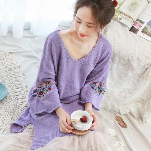 

original design aigyptos spring autumn women dress ladies mori girl sweet elegant flower embroidery violet knitted sweater dress1, Black;gray