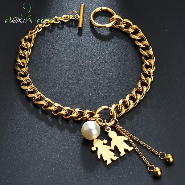 

nextvance boy girl hand in hand pendant bracelet simulated pearl beads tassel bracelets for kids children family birthdat gift, Black